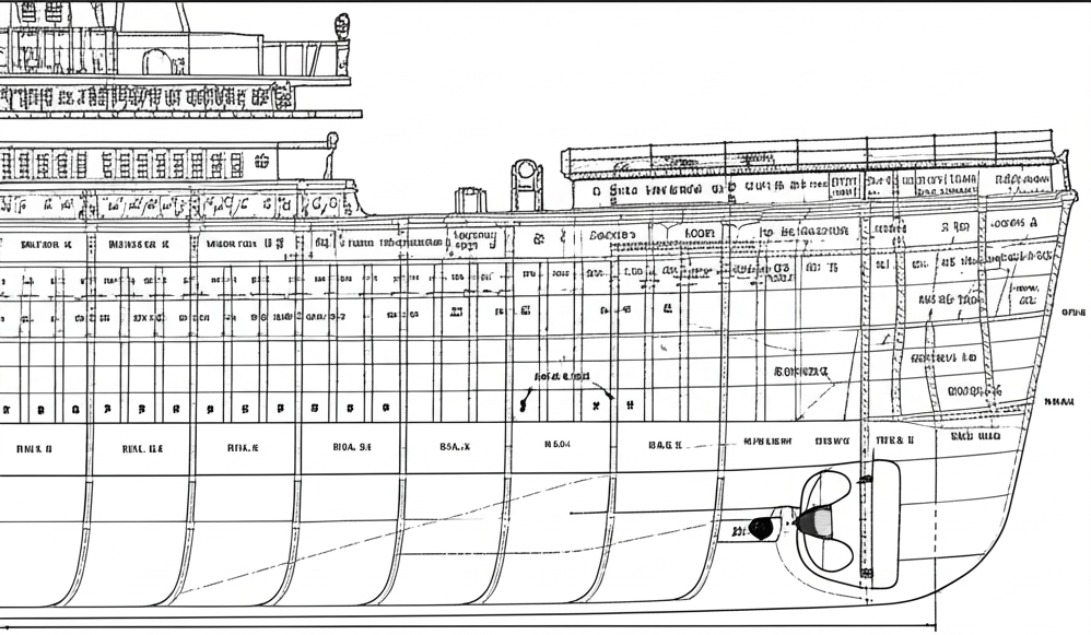 A cross-section of a ship's hull showing partitioned bulkheads.